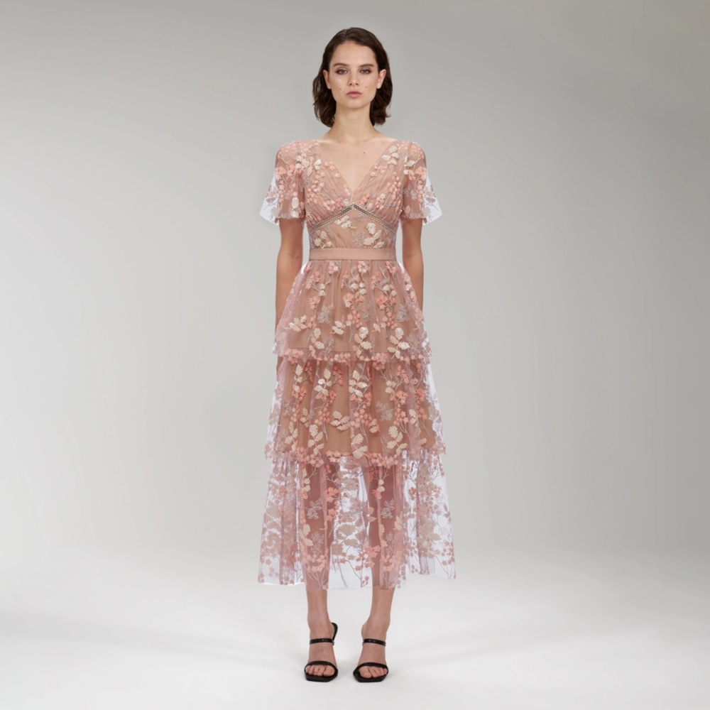Self-Portrait Pink Flower Midi Dress, Size 6